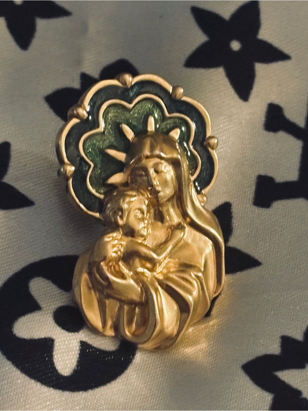 Gold-Tone Madonna and Child Religious Brooch with Green Enamel Halo